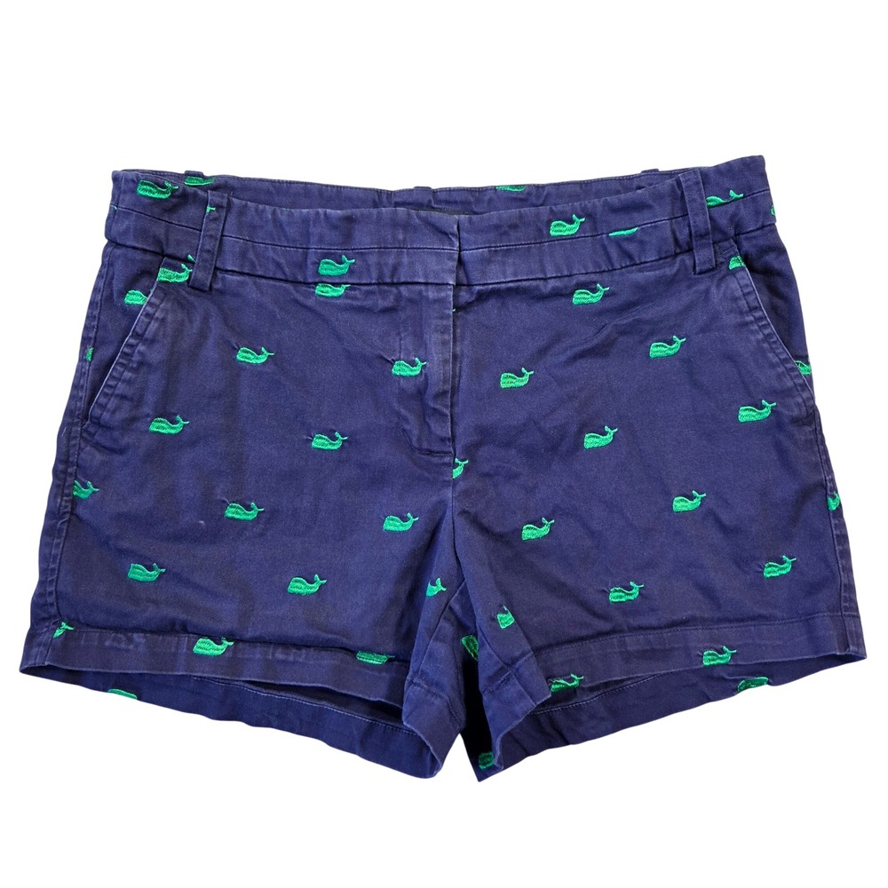 British Khaki Navy Blue Whale Embroidered Chino Shorts Womens 4 Preppy Beach